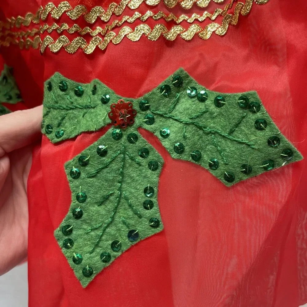 Vintage Handmade Red Christmas Sheer Kitchen Half Skirt Apron Trees Holly MCM